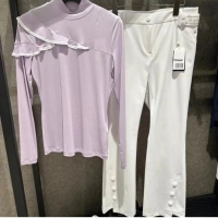 韩国新款原单高尔夫女装上衣golf女立领修身长袖花边淑女气质T恤